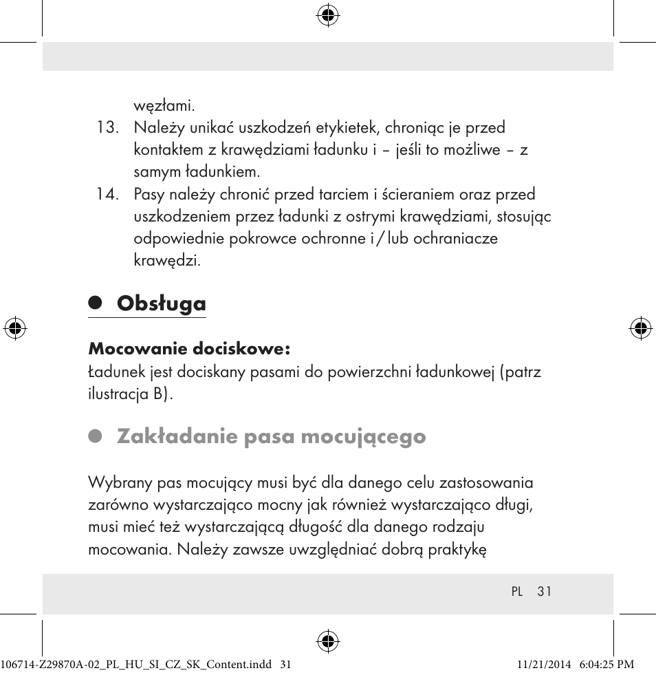 Obsługa, Zakładanie pasa mocującego | Powerfix Z28970A-02 User Manual | Page 31 / 107