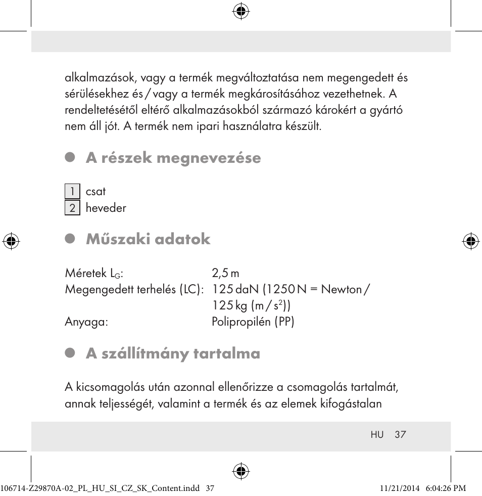 A részek megnevezése, Műszaki adatok, A szállítmány tartalma | Powerfix Z28970A-02 User Manual | Page 37 / 107