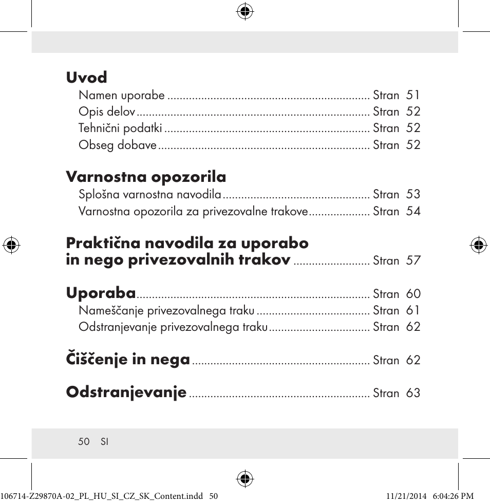 Uvod, Varnostna opozorila, Uporaba | Čiščenje in nega, Odstranjevanje | Powerfix Z28970A-02 User Manual | Page 50 / 107