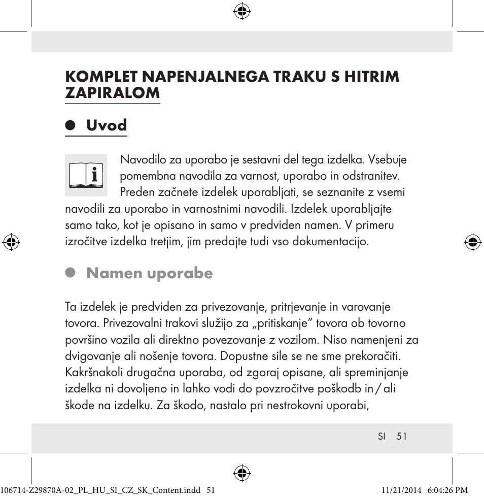 Komplet napenjalnega traku s hitrim zapiralom, Uvod, Namen uporabe | Powerfix Z28970A-02 User Manual | Page 51 / 107