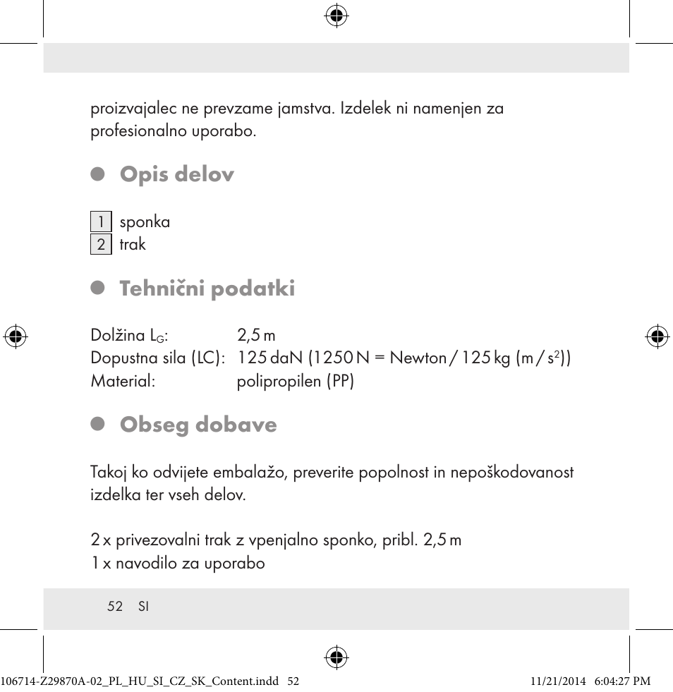 Opis delov, Tehnični podatki, Obseg dobave | Powerfix Z28970A-02 User Manual | Page 52 / 107