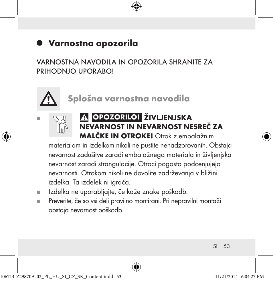 Varnostna opozorila, Splošna varnostna navodila | Powerfix Z28970A-02 User Manual | Page 53 / 107