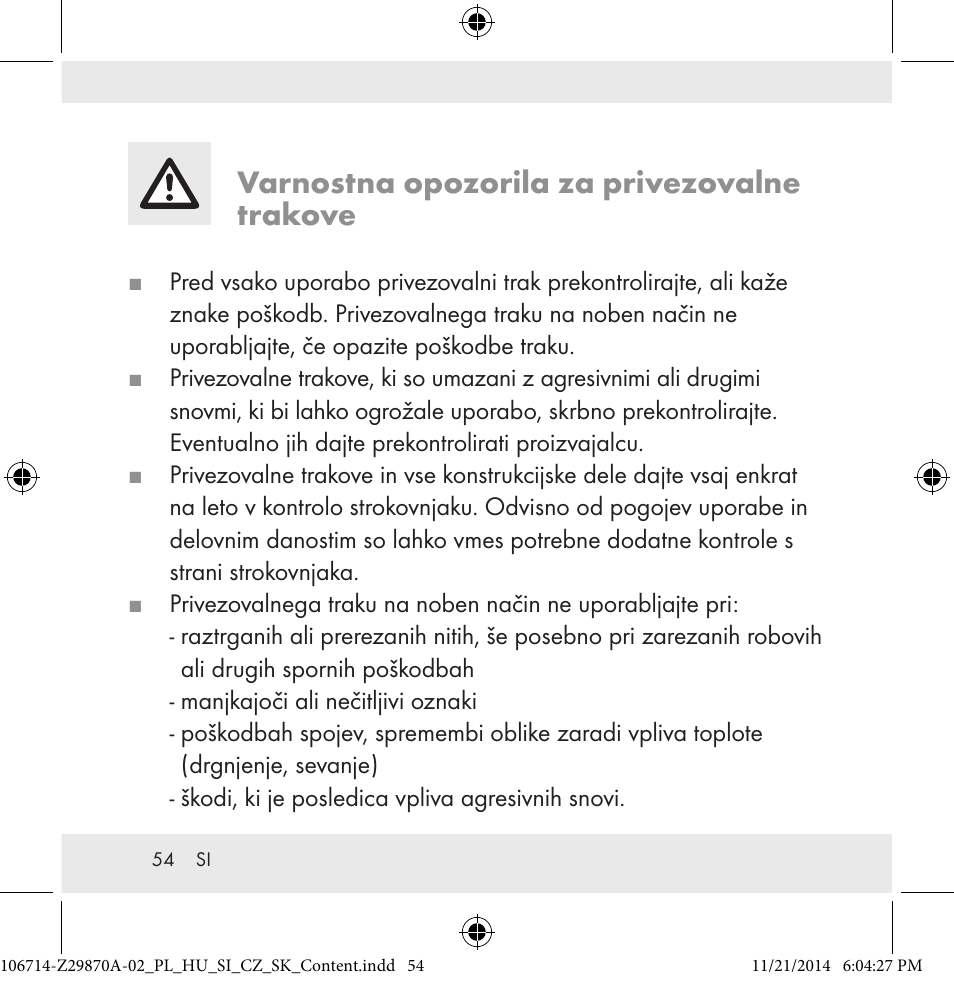 Varnostna opozorila za privezovalne trakove | Powerfix Z28970A-02 User Manual | Page 54 / 107