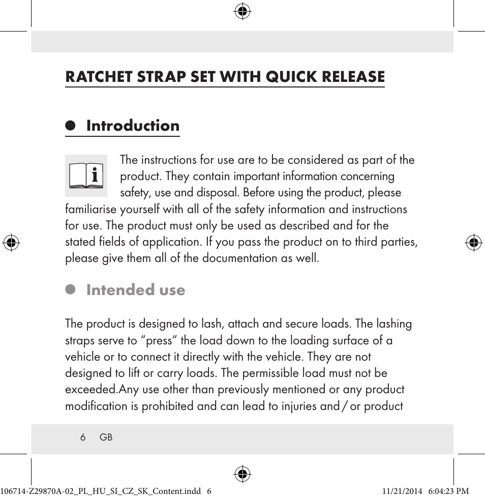 Ratchet strap set with quick release, Introduction, Intended use | Powerfix Z28970A-02 User Manual | Page 6 / 107