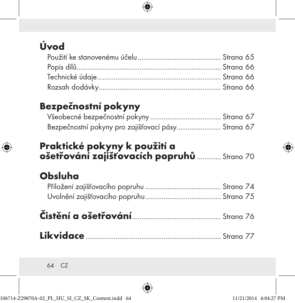 Úvod, Bezpečnostní pokyny, Obsluha | Čistění a ošetřování, Likvidace | Powerfix Z28970A-02 User Manual | Page 64 / 107