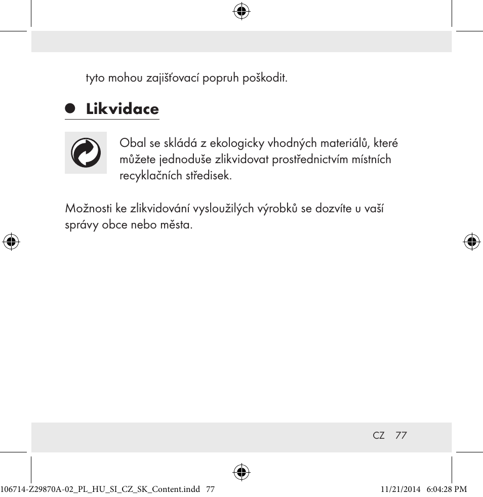 Likvidace | Powerfix Z28970A-02 User Manual | Page 77 / 107