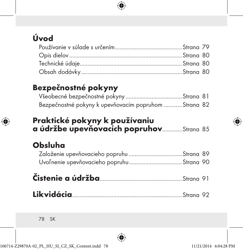 Úvod, Bezpečnostné pokyny, Obsluha | Čistenie a údržba, Likvidácia | Powerfix Z28970A-02 User Manual | Page 78 / 107