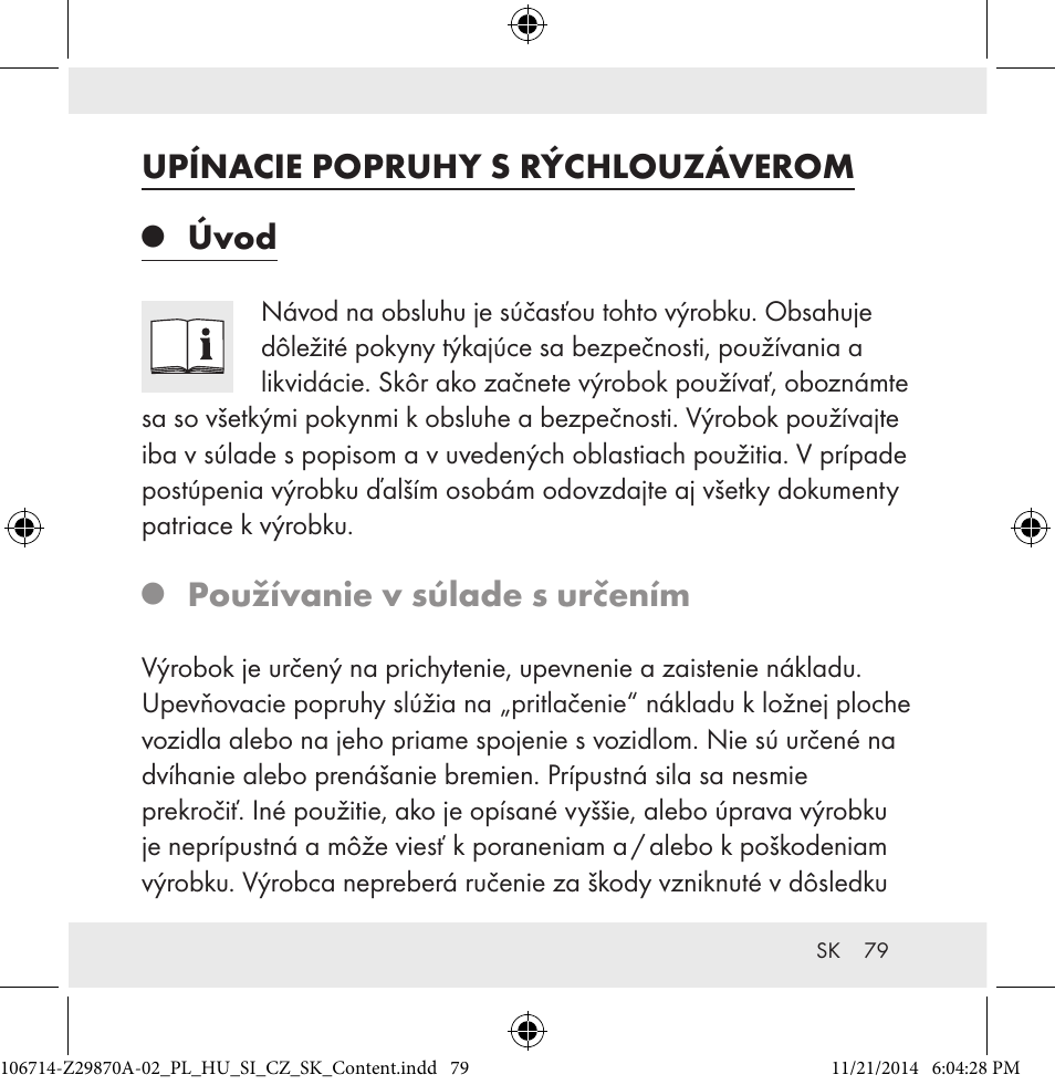 Upínacie popruhy s rýchlouzáverom, Úvod, Používanie v súlade s určením | Powerfix Z28970A-02 User Manual | Page 79 / 107