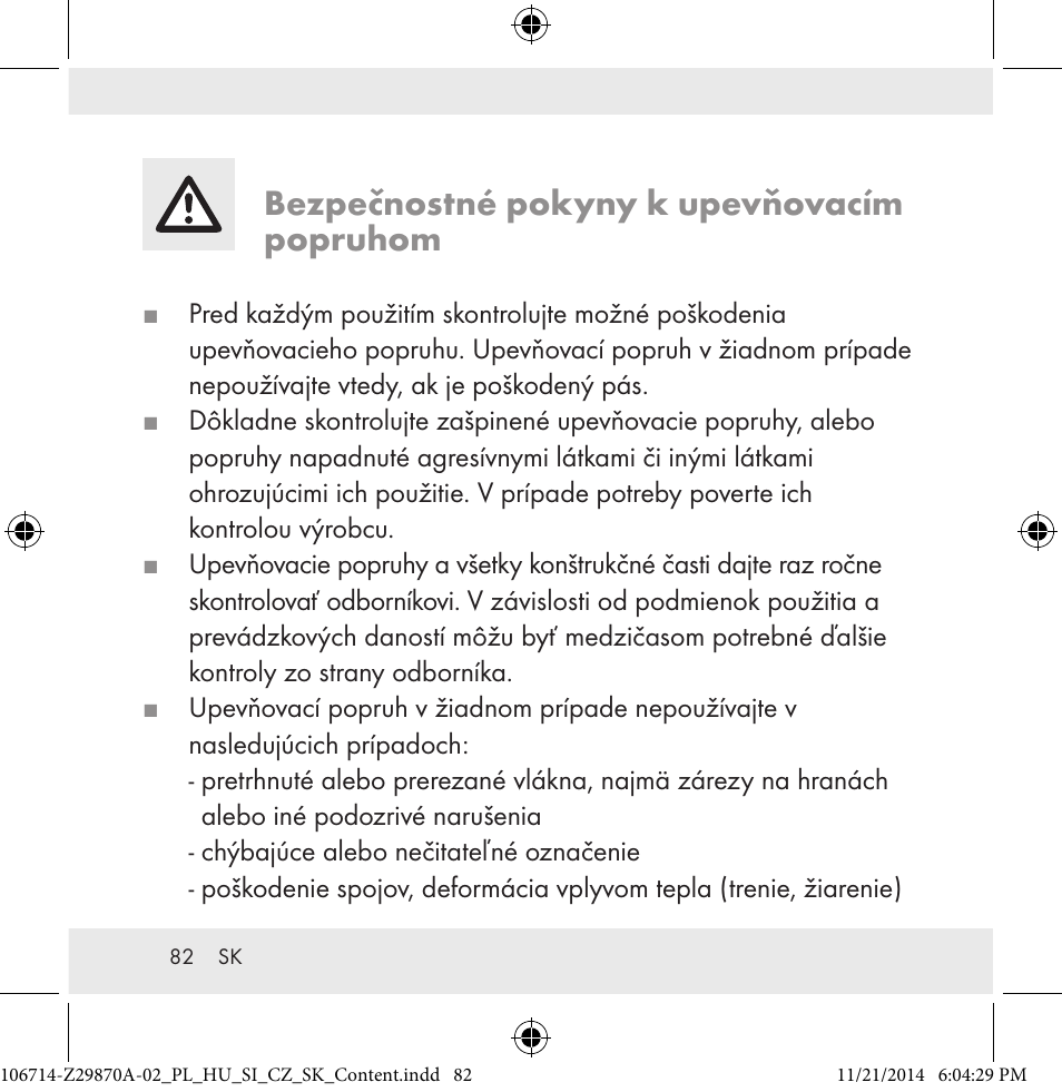 Bezpečnostné pokyny k upevňovacím popruhom | Powerfix Z28970A-02 User Manual | Page 82 / 107