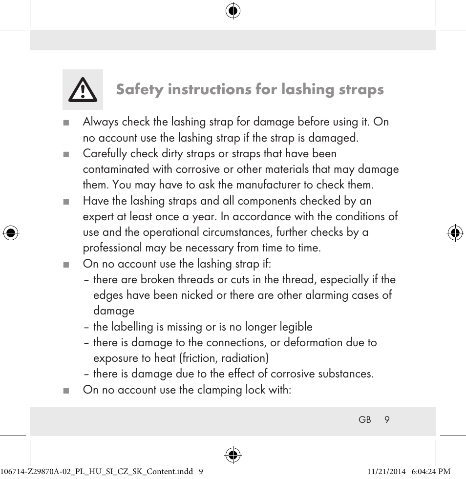 Safety instructions for lashing straps | Powerfix Z28970A-02 User Manual | Page 9 / 107