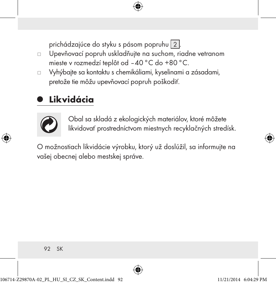 Likvidácia | Powerfix Z28970A-02 User Manual | Page 92 / 107