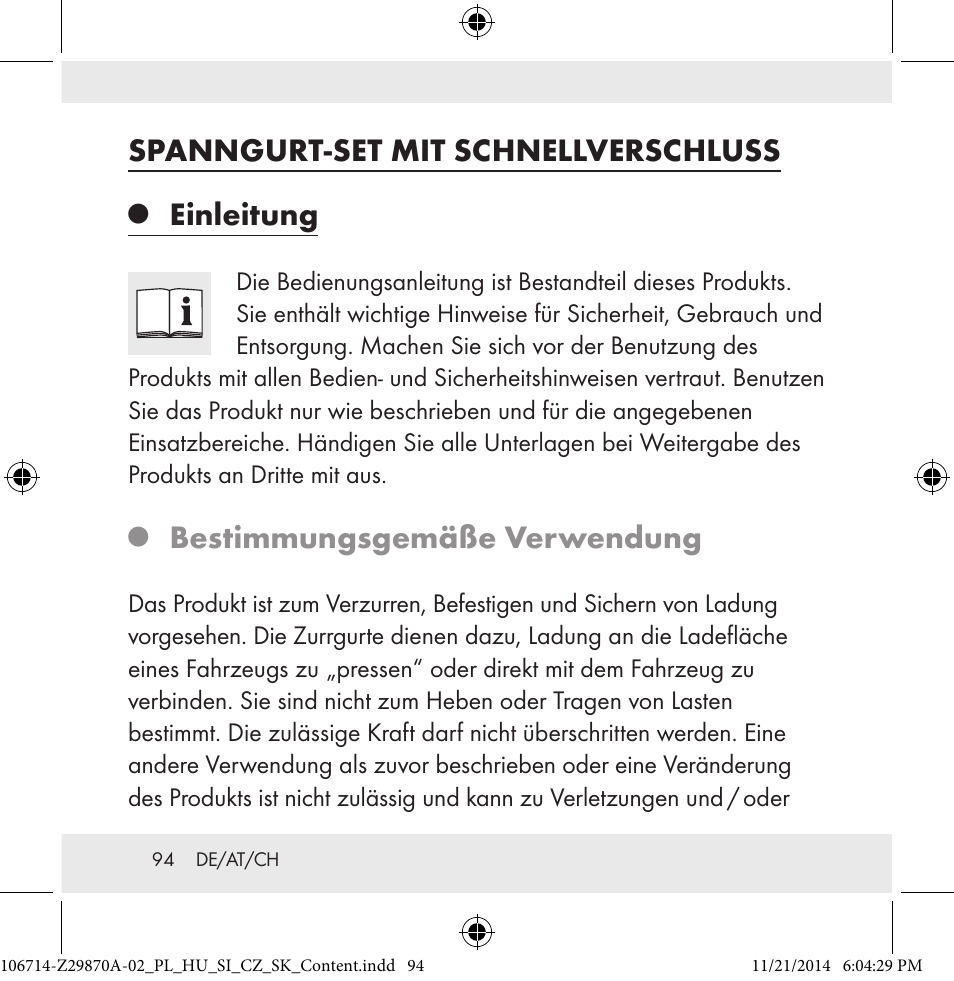 Spanngurt-set mit schnellverschluss, Einleitung, Bestimmungsgemäße verwendung | Powerfix Z28970A-02 User Manual | Page 94 / 107