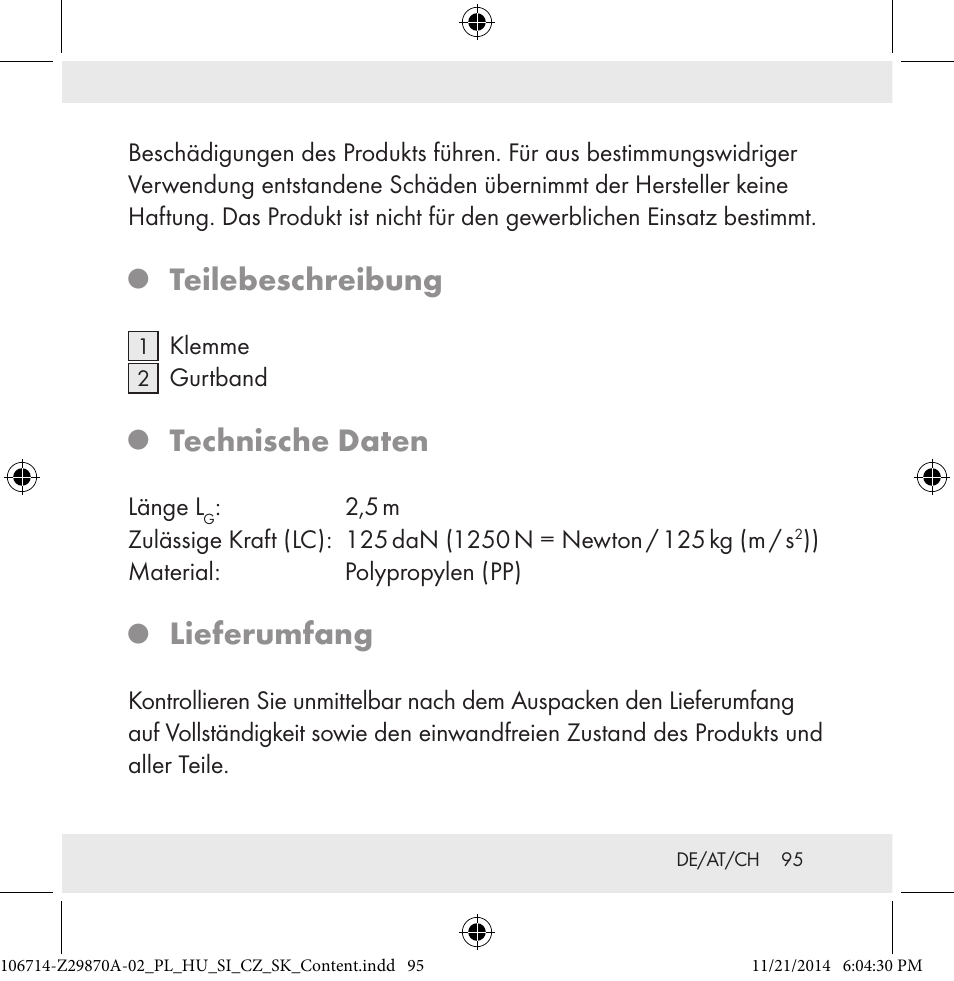 Teilebeschreibung, Technische daten, Lieferumfang | Powerfix Z28970A-02 User Manual | Page 95 / 107