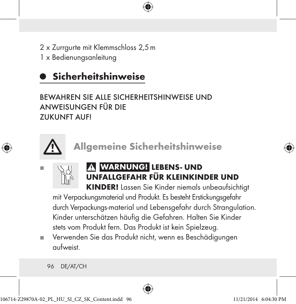 Sicherheitshinweise, Allgemeine sicherheitshinweise | Powerfix Z28970A-02 User Manual | Page 96 / 107