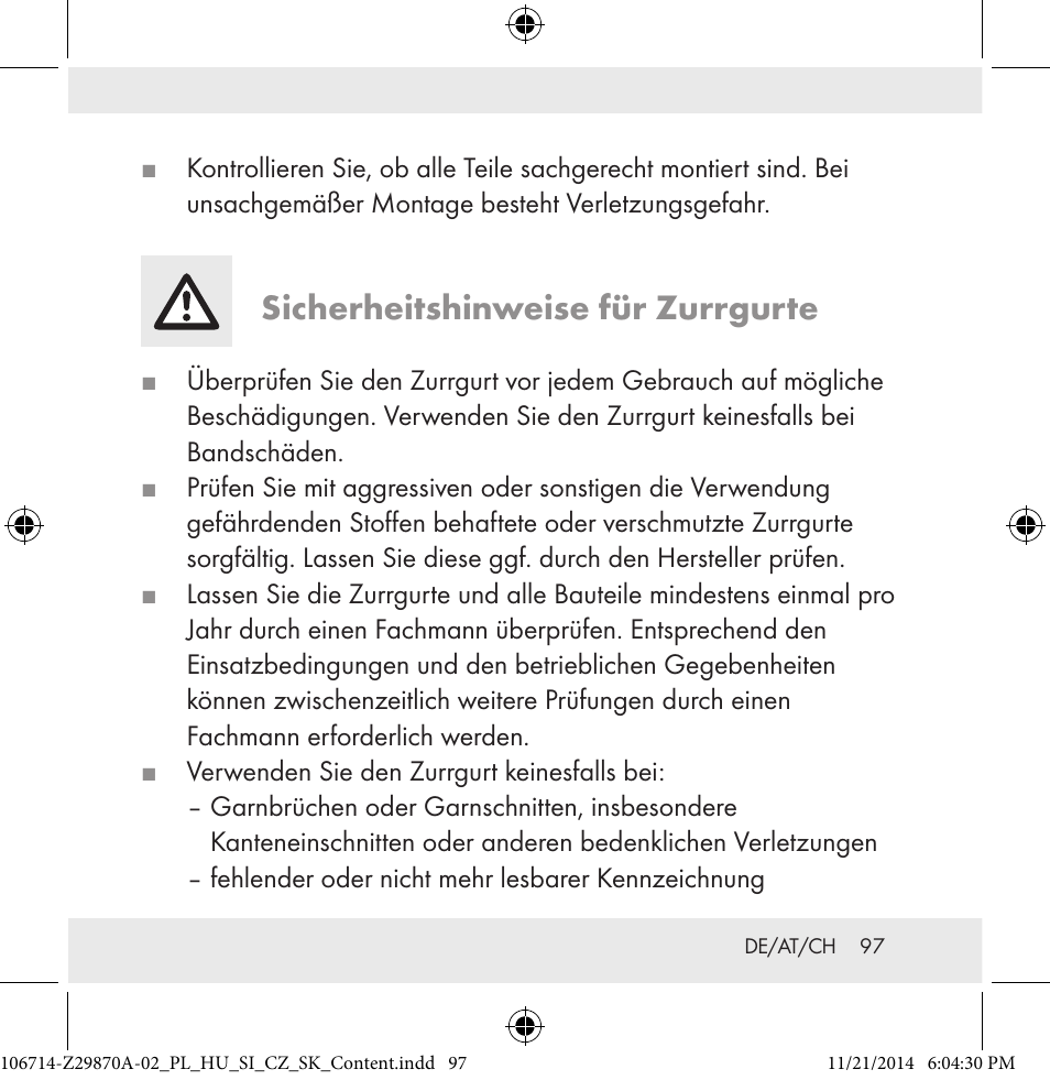 Sicherheitshinweise für zurrgurte | Powerfix Z28970A-02 User Manual | Page 97 / 107