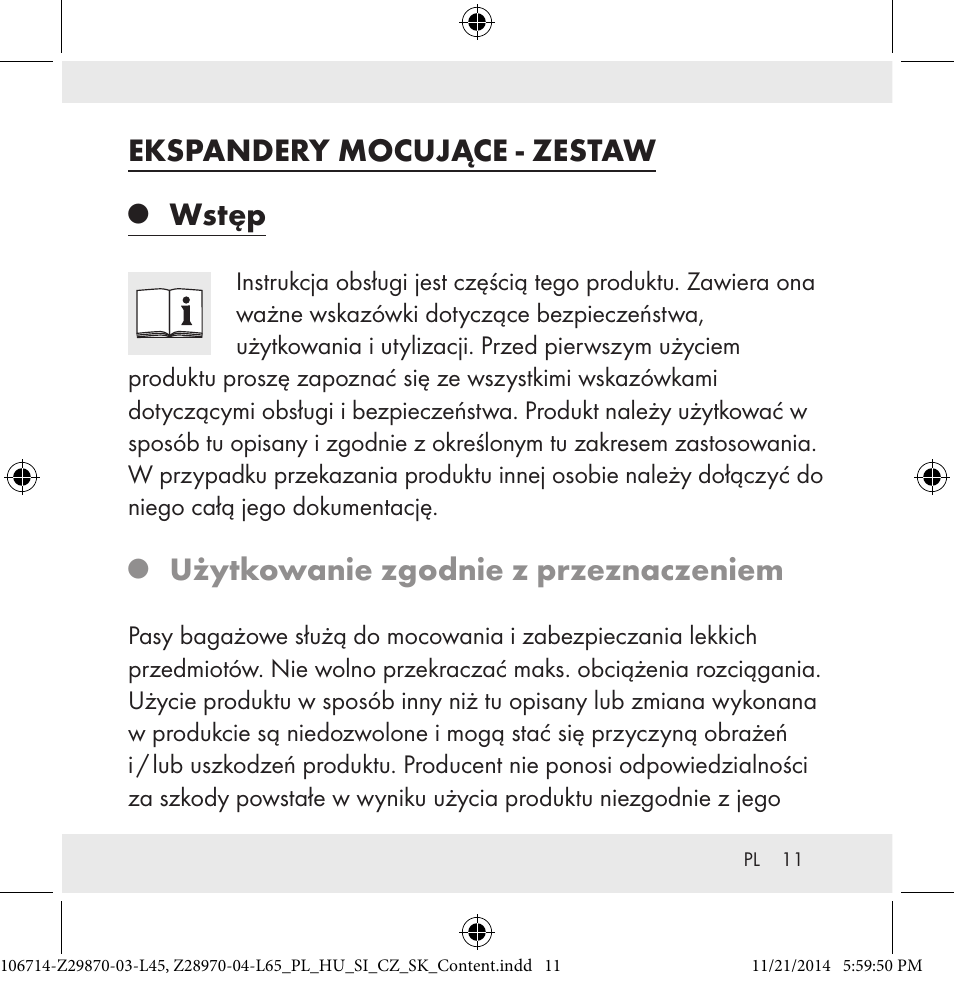 Ekspandery mocujące - zestaw, Wstęp, Użytkowanie zgodnie z przeznaczeniem | Powerfix Z28970-03-L45 / Z28970-04-L65 User Manual | Page 11 / 52