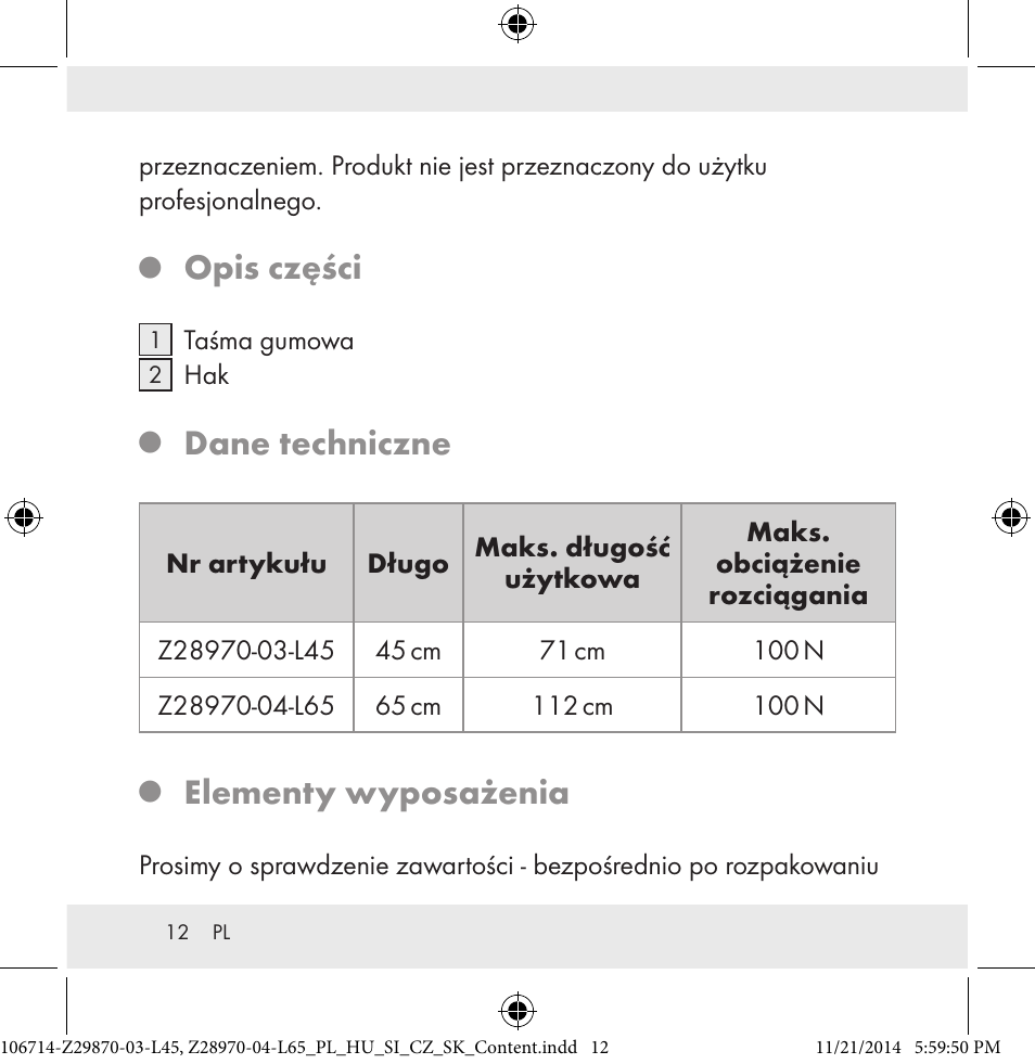 Opis części, Dane techniczne, Elementy wyposażenia | Powerfix Z28970-03-L45 / Z28970-04-L65 User Manual | Page 12 / 52