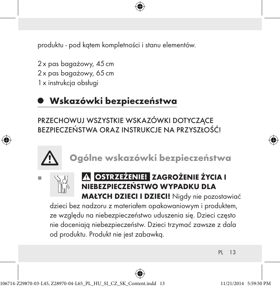 Wskazówki bezpieczeństwa, Ogólne wskazówki bezpieczeństwa | Powerfix Z28970-03-L45 / Z28970-04-L65 User Manual | Page 13 / 52