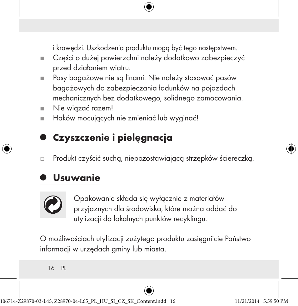 Czyszczenie i pielęgnacja, Usuwanie | Powerfix Z28970-03-L45 / Z28970-04-L65 User Manual | Page 16 / 52