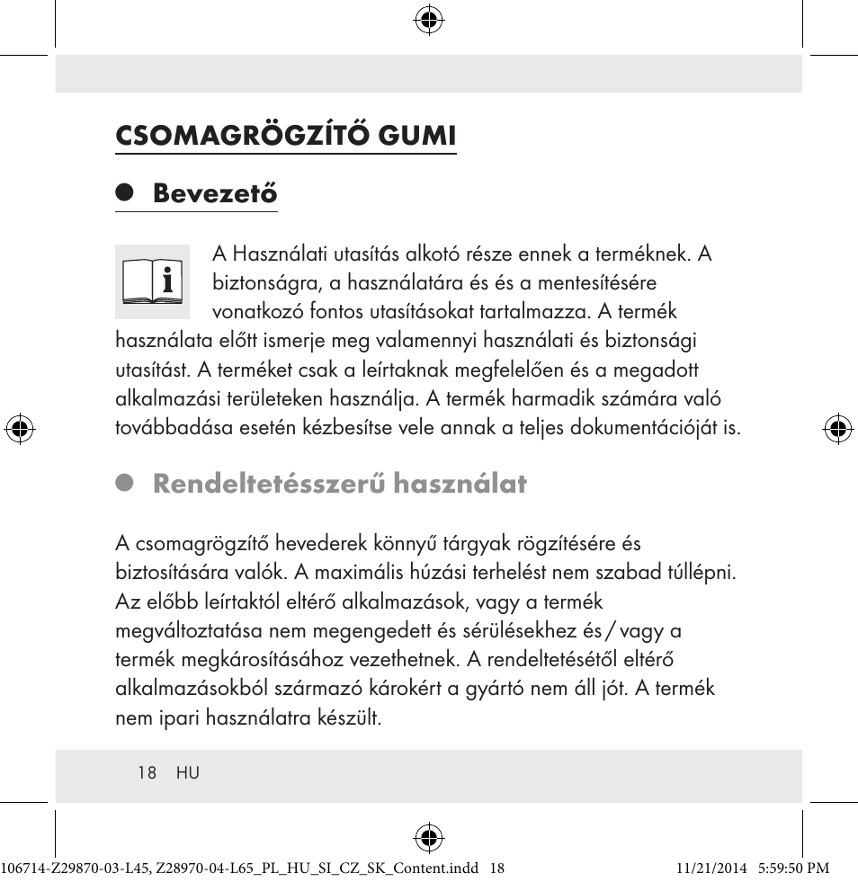 Csomagrögzítő gumi, Bevezető, Rendeltetésszerű használat | Powerfix Z28970-03-L45 / Z28970-04-L65 User Manual | Page 18 / 52