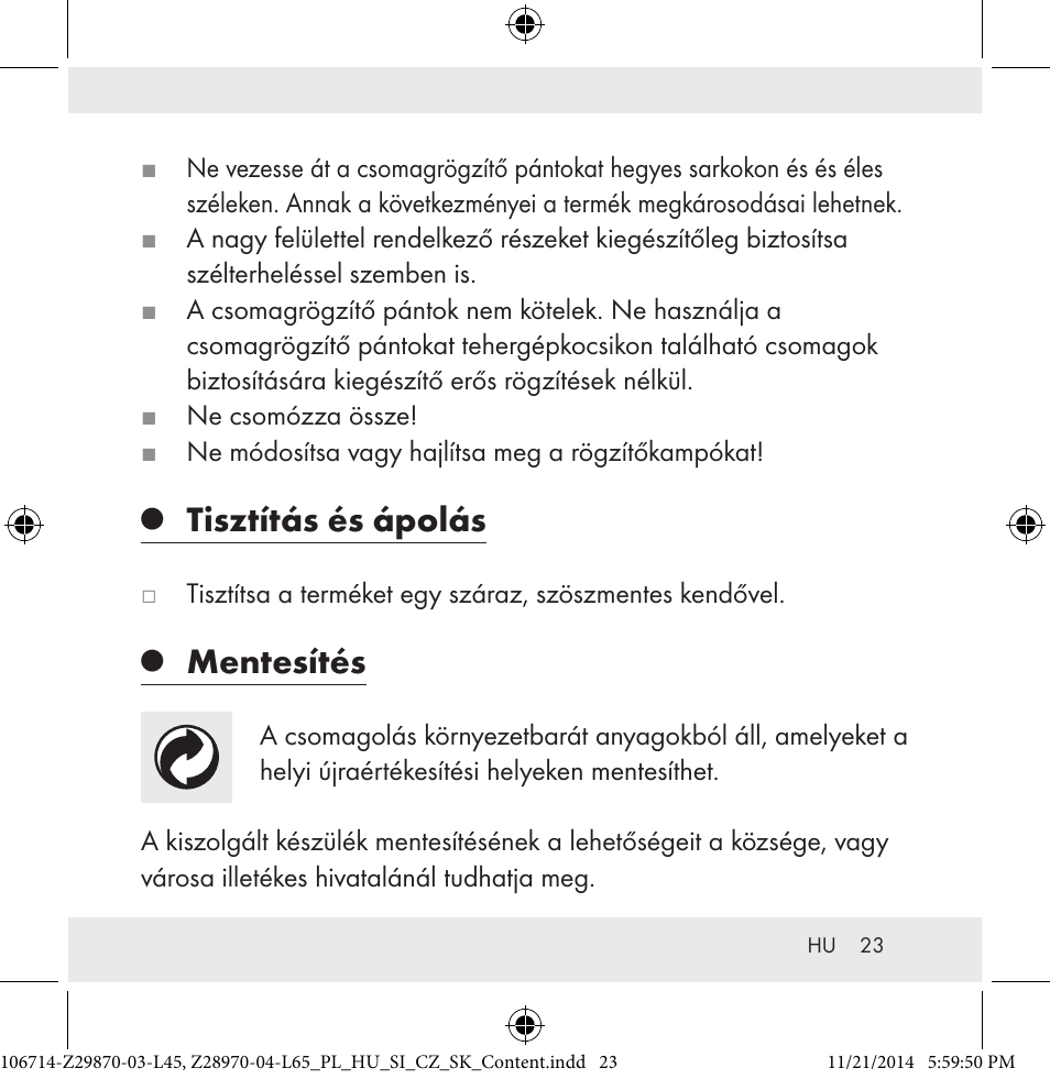 Tisztítás és ápolás, Mentesítés | Powerfix Z28970-03-L45 / Z28970-04-L65 User Manual | Page 23 / 52