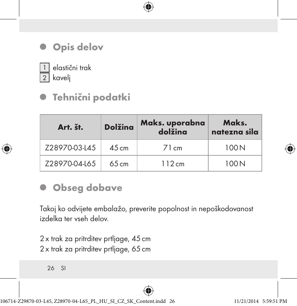 Opis delov, Tehnični podatki, Obseg dobave | Powerfix Z28970-03-L45 / Z28970-04-L65 User Manual | Page 26 / 52