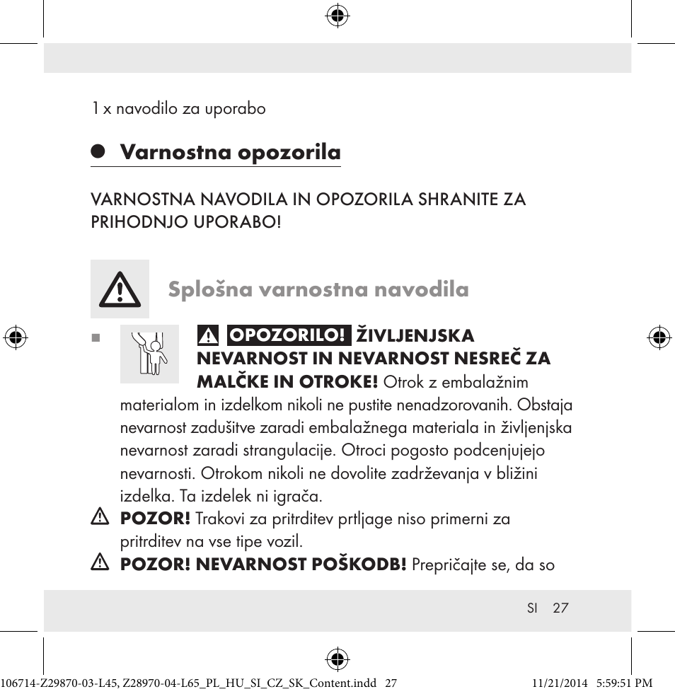 Varnostna opozorila, Splošna varnostna navodila | Powerfix Z28970-03-L45 / Z28970-04-L65 User Manual | Page 27 / 52