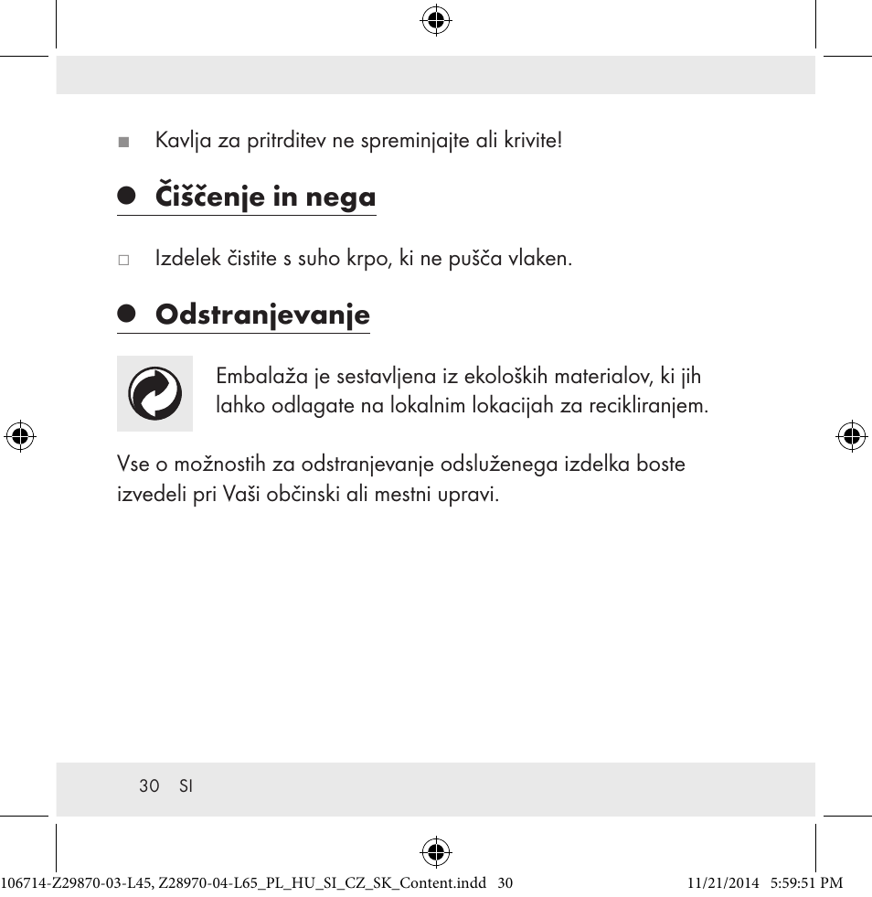 Čiščenje in nega, Odstranjevanje | Powerfix Z28970-03-L45 / Z28970-04-L65 User Manual | Page 30 / 52