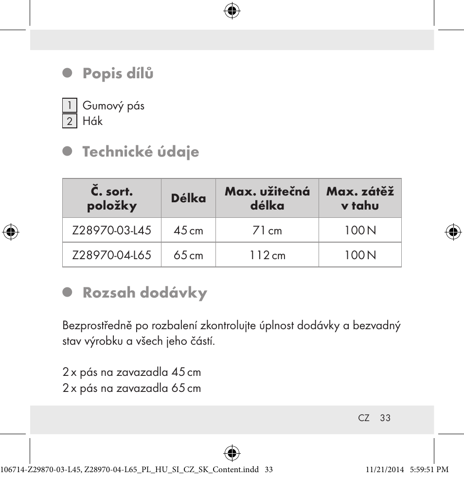 Popis dílů, Technické údaje, Rozsah dodávky | Powerfix Z28970-03-L45 / Z28970-04-L65 User Manual | Page 33 / 52