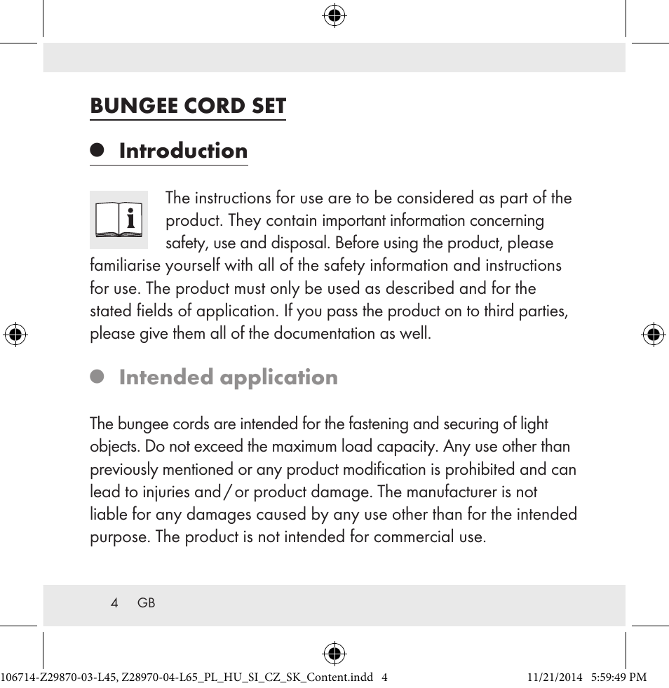 Bungee cord set, Introduction, Intended application | Powerfix Z28970-03-L45 / Z28970-04-L65 User Manual | Page 4 / 52