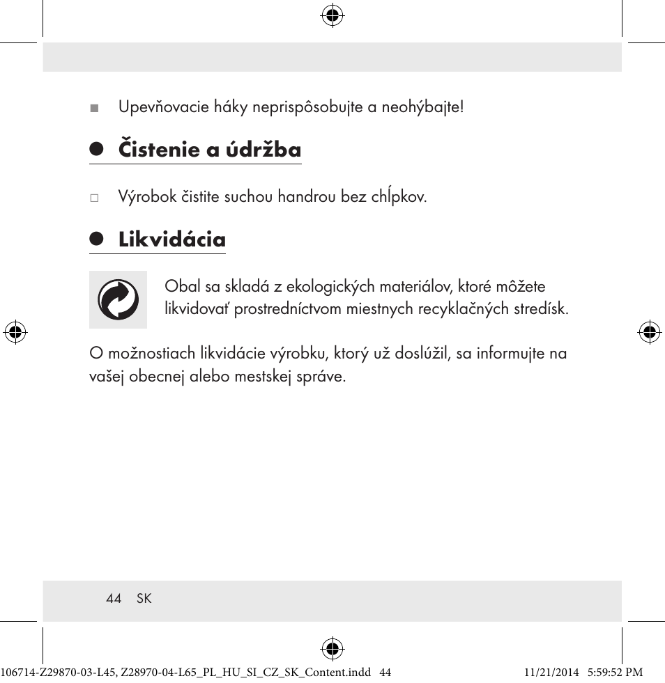 Čistenie a údržba, Likvidácia | Powerfix Z28970-03-L45 / Z28970-04-L65 User Manual | Page 44 / 52