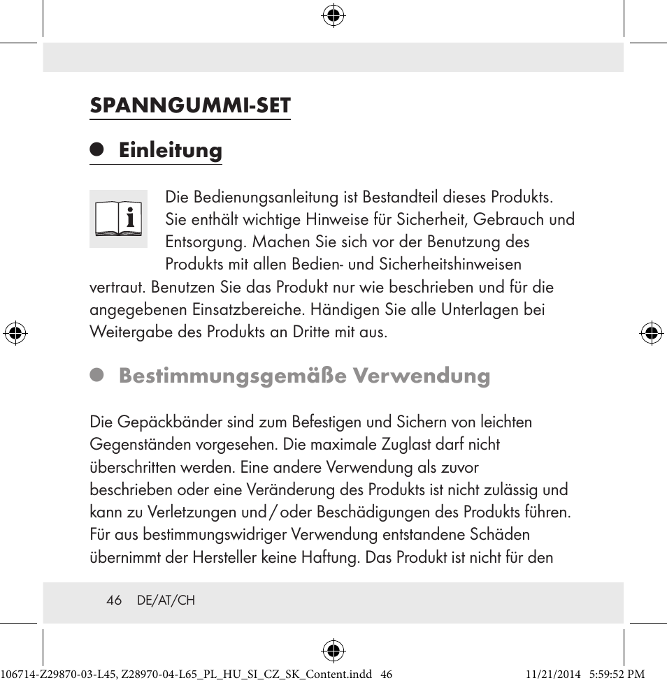 Spanngummi-set, Einleitung, Bestimmungsgemäße verwendung | Powerfix Z28970-03-L45 / Z28970-04-L65 User Manual | Page 46 / 52