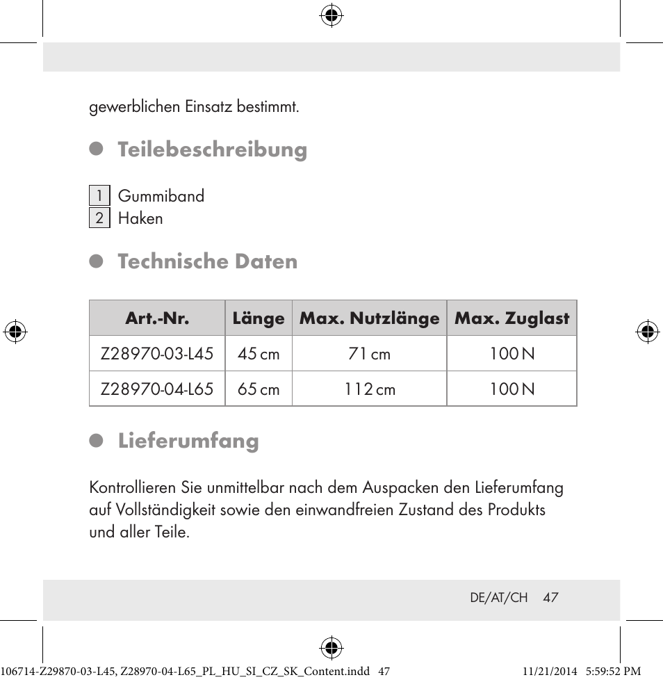 Teilebeschreibung, Technische daten, Lieferumfang | Powerfix Z28970-03-L45 / Z28970-04-L65 User Manual | Page 47 / 52