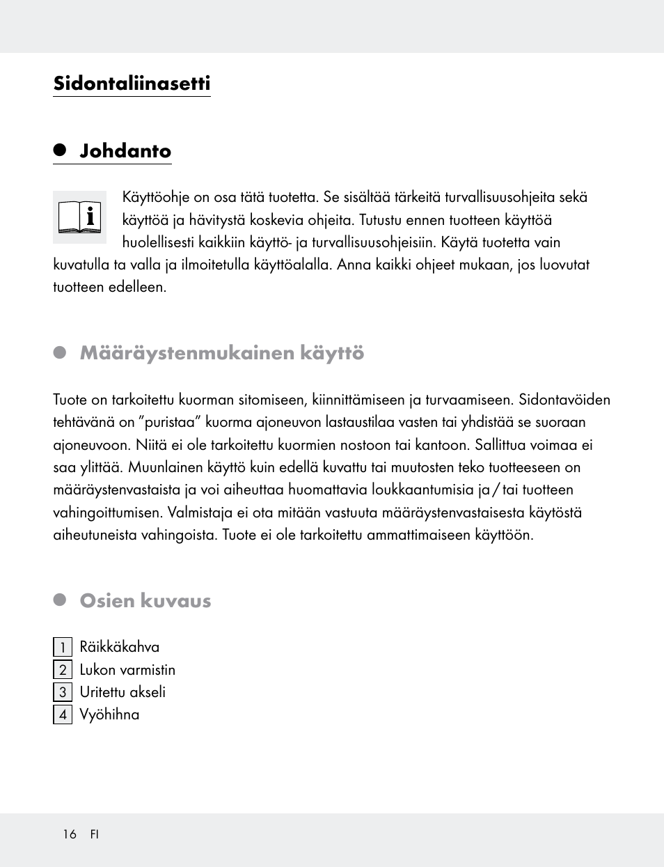 Sidontaliinasetti, Johdanto, Määräystenmukainen käyttö | Osien kuvaus | Powerfix 103749-14-01A User Manual | Page 16 / 78