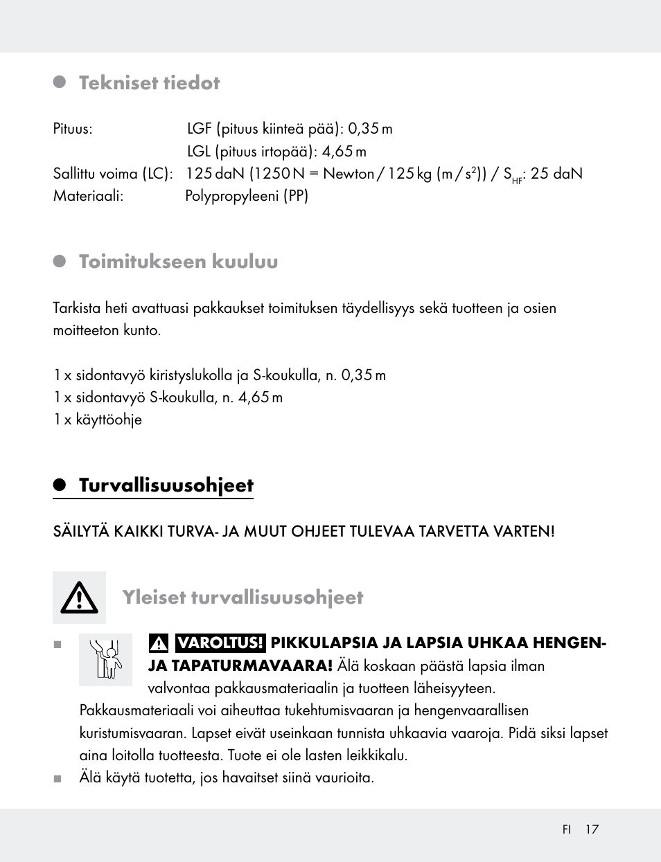 Tekniset tiedot, Toimitukseen kuuluu, Turvallisuusohjeet | Yleiset turvallisuusohjeet | Powerfix 103749-14-01A User Manual | Page 17 / 78