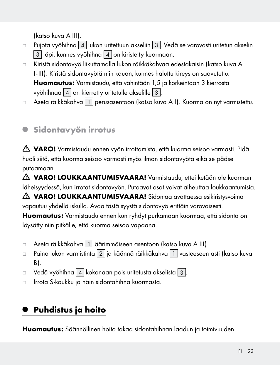 Sidontavyön irrotus, Puhdistus ja hoito | Powerfix 103749-14-01A User Manual | Page 23 / 78