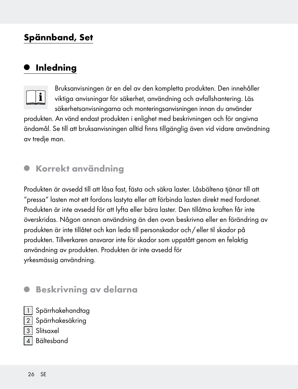 Spännband, set, Inledning, Korrekt användning | Beskrivning av delarna | Powerfix 103749-14-01A User Manual | Page 26 / 78