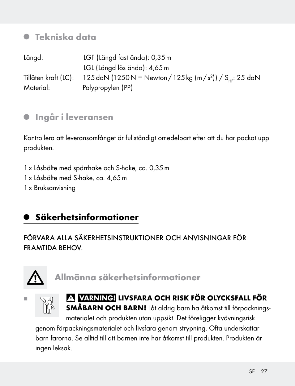 Tekniska data, Ingår i leveransen, Säkerhetsinformationer | Allmänna säkerhetsinformationer | Powerfix 103749-14-01A User Manual | Page 27 / 78