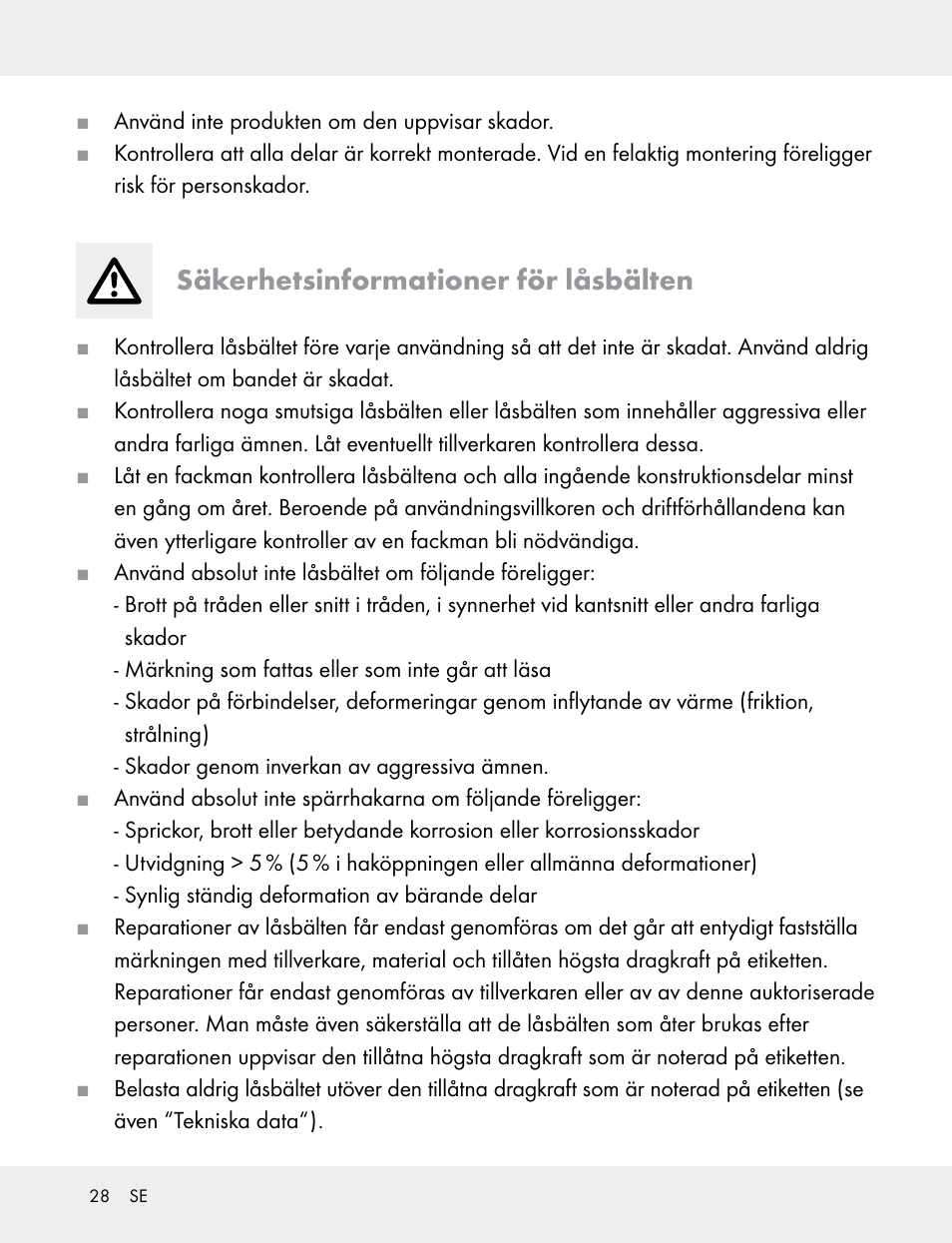 Säkerhetsinformationer för låsbälten | Powerfix 103749-14-01A User Manual | Page 28 / 78