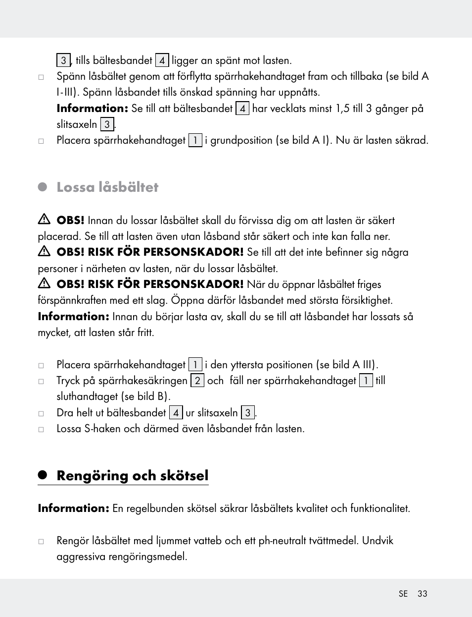 Lossa låsbältet, Rengöring och skötsel | Powerfix 103749-14-01A User Manual | Page 33 / 78