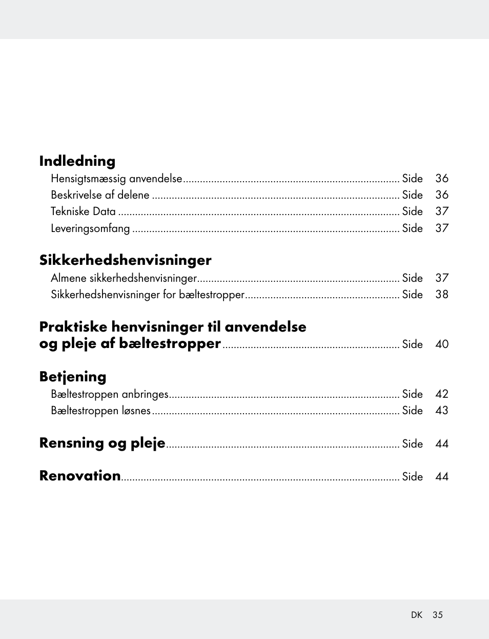 Indledning, Sikkerhedshenvisninger, Betjening | Rensning og pleje, Renovation | Powerfix 103749-14-01A User Manual | Page 35 / 78