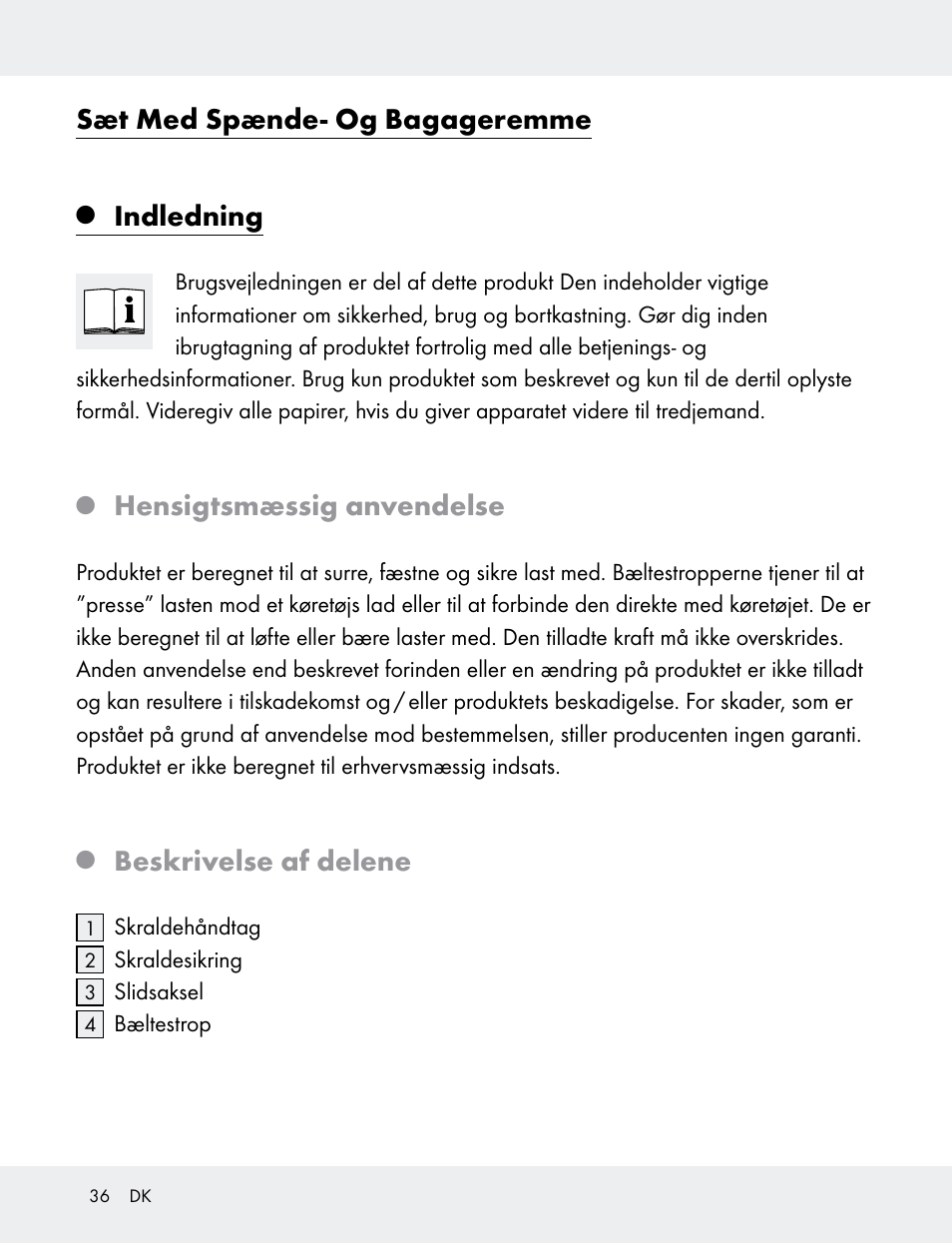 Sæt med spænde- og bagageremme, Indledning, Hensigtsmæssig anvendelse | Beskrivelse af delene | Powerfix 103749-14-01A User Manual | Page 36 / 78