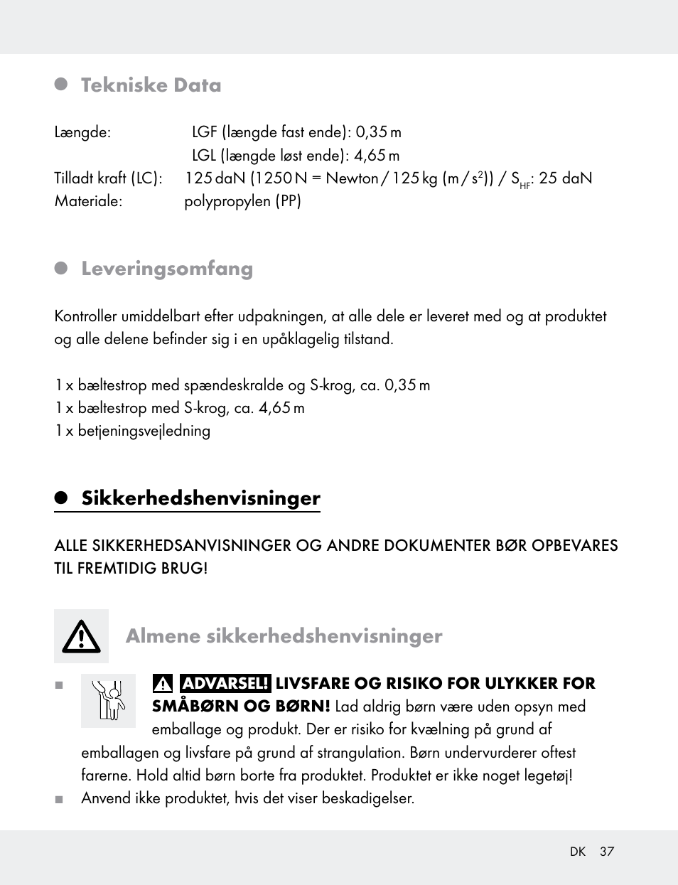 Tekniske data, Leveringsomfang, Sikkerhedshenvisninger | Almene sikkerhedshenvisninger | Powerfix 103749-14-01A User Manual | Page 37 / 78