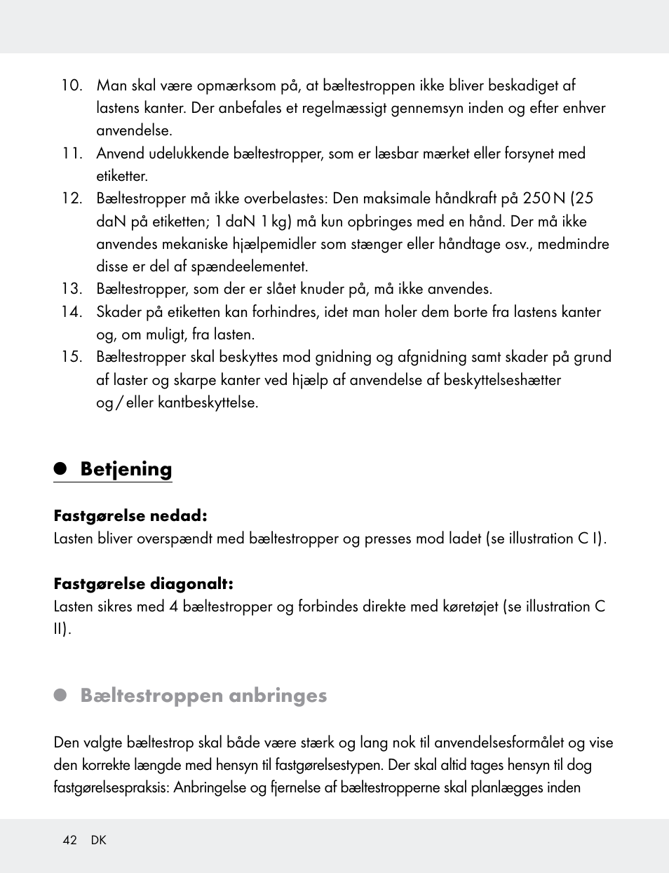 Betjening, Bæltestroppen anbringes | Powerfix 103749-14-01A User Manual | Page 42 / 78