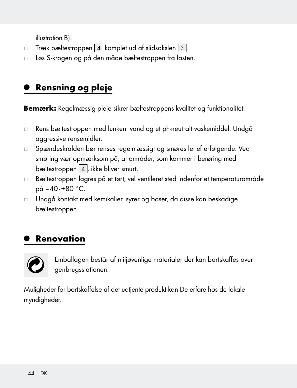 Rensning og pleje, Renovation | Powerfix 103749-14-01A User Manual | Page 44 / 78