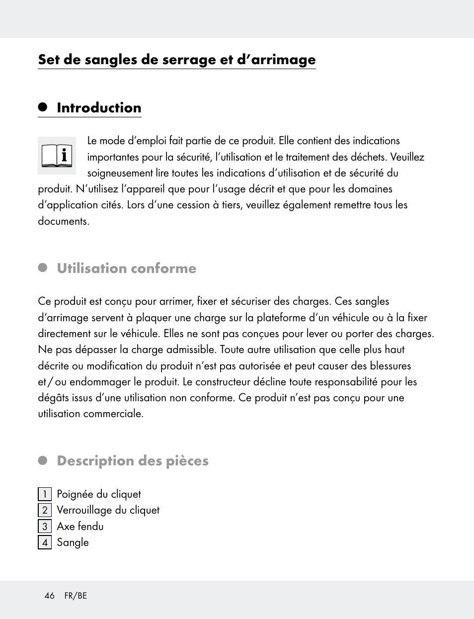 Set de sangles de serrage et d’arrimage, Introduction, Utilisation conforme | Description des pièces | Powerfix 103749-14-01A User Manual | Page 46 / 78
