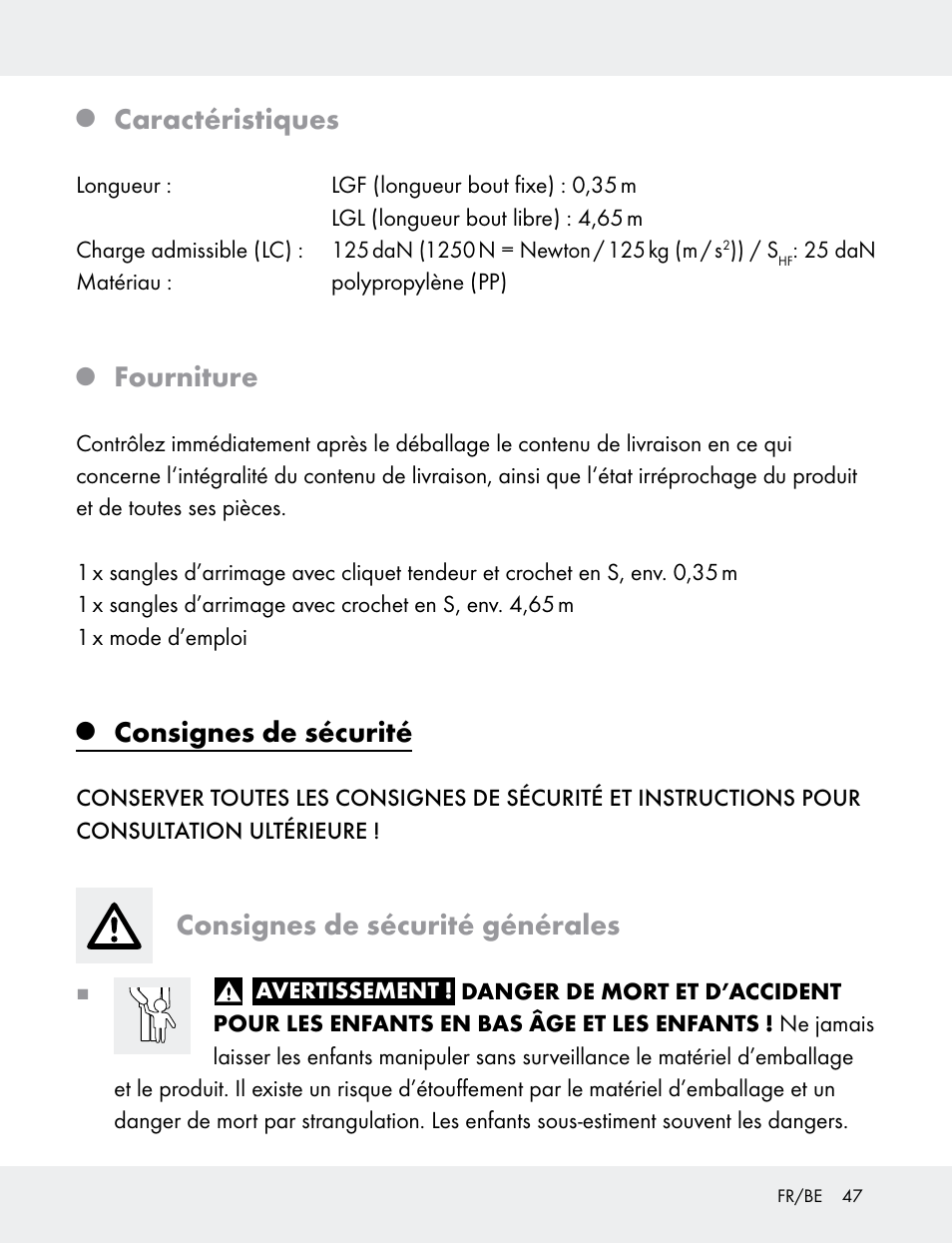 Caractéristiques, Fourniture, Consignes de sécurité | Consignes de sécurité générales | Powerfix 103749-14-01A User Manual | Page 47 / 78