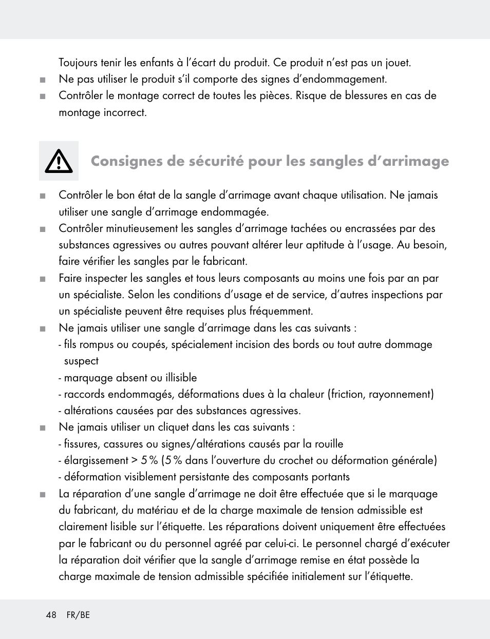 Consignes de sécurité pour les sangles d’arrimage | Powerfix 103749-14-01A User Manual | Page 48 / 78