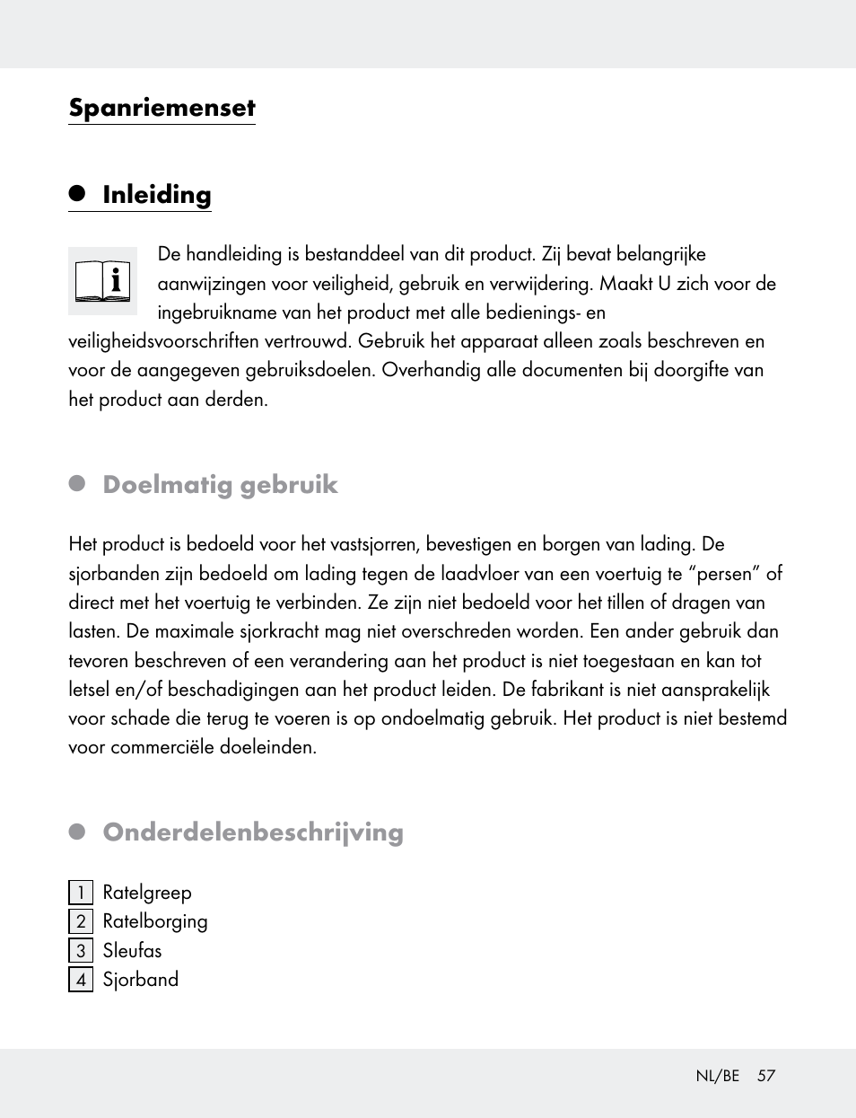 Spanriemenset, Inleiding, Doelmatig gebruik | Onderdelenbeschrijving | Powerfix 103749-14-01A User Manual | Page 57 / 78