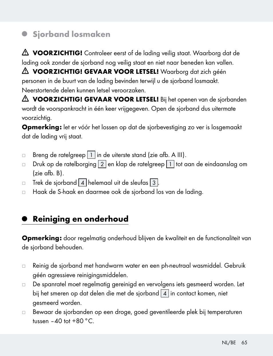Sjorband losmaken, Reiniging en onderhoud | Powerfix 103749-14-01A User Manual | Page 65 / 78